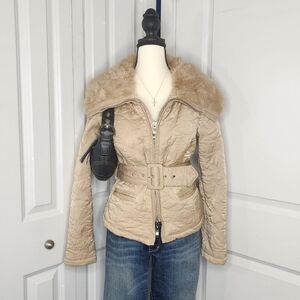 Gorgeous Rare Y2K Bebe Tan Quilted Real-Rabbit Fur Foldover Collar Jacket